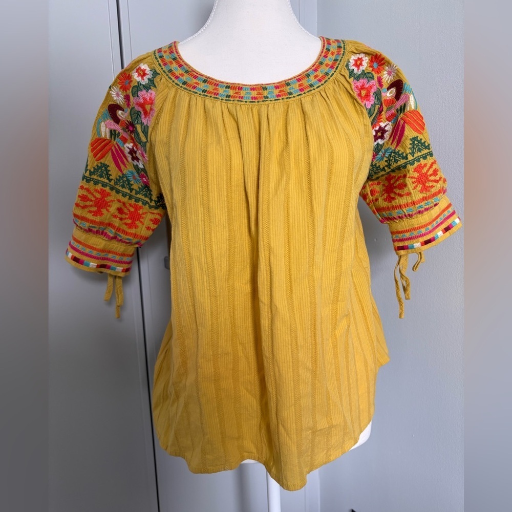 THML Yellow Blouse with Embellished Pleats and Embroidery Floral Pattern